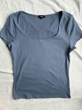 Tattoo Ribbed Square Neck Top Blue | Size Large | Dusty Blue